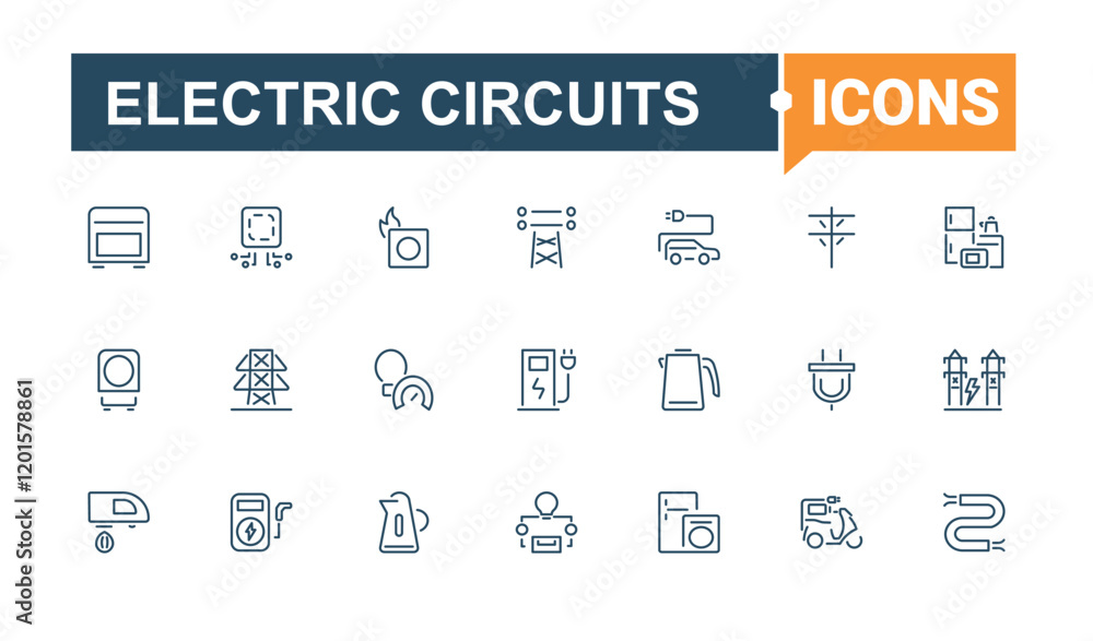 Electric Circuits icon set. Containing meter, solar, battery, nuclear, ui, renewable and more. Isolated icons design. Editable stroke. Vector illustration. Electric Circuits icon set. Containing meter, solar, battery, nuclear, ui, renewable and more. Isolated icons design. Editable stroke. Vector illustration.