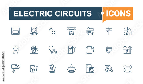 Electric Circuits icon set. Containing meter, solar, battery, nuclear, ui, renewable and more. Isolated icons design. Editable stroke. Vector illustration.