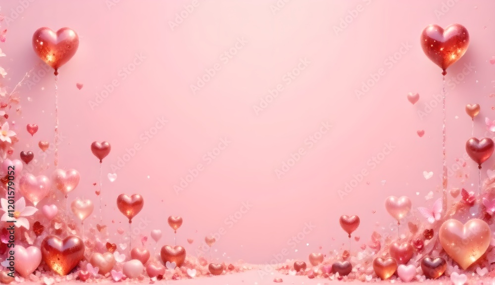Obraz premium Pink background with a bunch of red hearts scattered around it. The hearts are of different sizes and are placed in various positions. Scene is one of love and affection