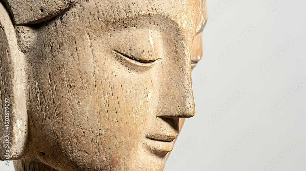 Serene wooden Buddha statue profile, peaceful expression, light background, meditation concept, spiritual art Serene wooden Buddha statue profile, peaceful expression, light background, meditation concept, spiritual art