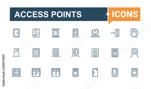 Access Points linear icon collection. Icons logout, building, isolated, arrow, door, office, frame and more. Outline icon. Vector icons editable stroke.