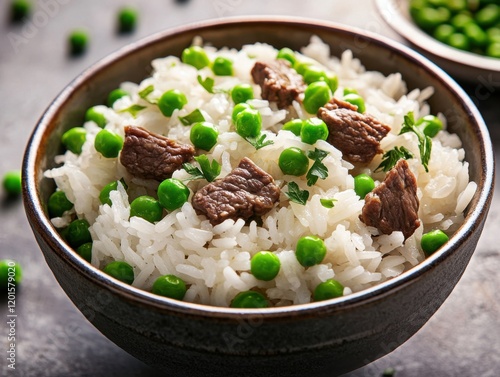 Cooked rice with beef and green peas in a bowl. Steamed white rice mixed with beef and green peas in a ceramic bowl. Emphasizing savory and nutritious meal. Ideal for food blogs and family dinners. photo