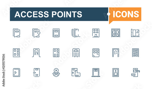 Access Points linear icon collection. Icons logout, building, isolated, arrow, door, office, frame and more. Outline icon. Vector icons editable stroke.