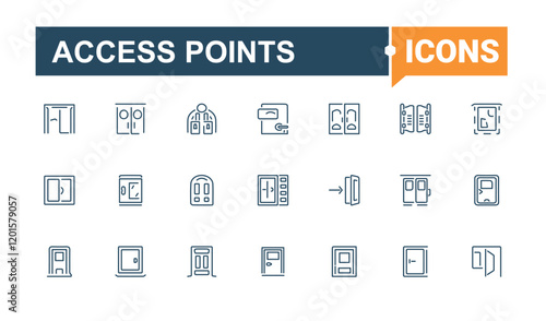 Access Points linear icon collection. Icons logout, building, isolated, arrow, door, office, frame and more. Outline icon. Vector icons editable stroke.