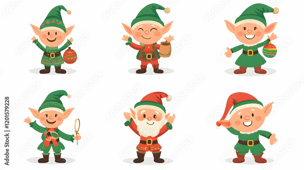 Six cheerful Christmas elves posing against white background; ideal for holiday cards or children's books Six cheerful Christmas elves posing against white background; ideal for holiday cards or children's books