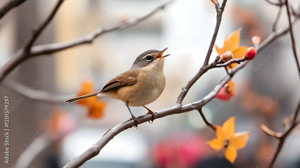 Small bird singing on branch, autumn leaves, city background; nature, wildlife photography Small bird singing on branch, autumn leaves, city background; nature, wildlife photography