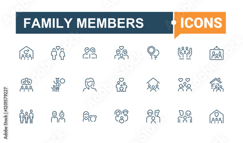 Family Members icon set. Includes thin line mother, person, woman, two, work, user, men and more. Outline icon. Editable vector illustration.