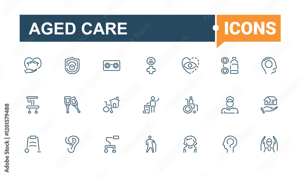 Aged Care icons set. Containing elderly, stick, home, person, people, vision, hospice and more. Simple icon designs. Editable stroke. Aged Care icons set. Containing elderly, stick, home, person, people, vision, hospice and more. Simple icon designs. Editable stroke.