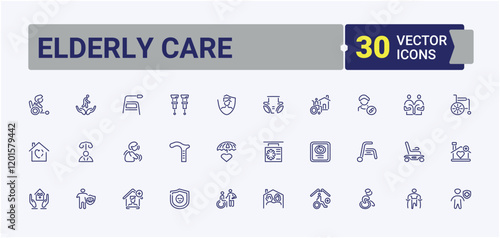 Elderly Care icon set. Contains such icons as care, nursing, people, life, ageing, father and more. Thin outline icons pack. Editable stroke. Vector illustration.