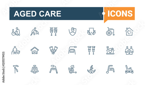 Aged Care icons set. Containing elderly, stick, home, person, people, vision, hospice and more. Simple icon designs. Editable stroke.