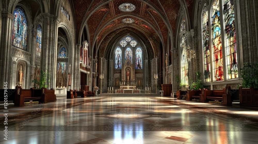Fototapeta premium Cathedral interior, sunlight, stained glass, peaceful worship, religious architecture, travel photography