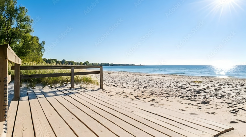Obraz premium Sunny beach boardwalk leading to sandy shore, tranquil lake background; perfect for travel brochures