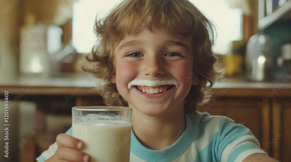 Happy Young Boy Enjoying a Glass of Milk with a Smile and Milk Mustache in a Cozy Kitchen Setting, Perfect for Family and Child-themed Photography Projects Happy Young Boy Enjoying a Glass of Milk with a Smile and Milk Mustache in a Cozy Kitchen Setting, Perfect for Family and Child-themed Photography Projects