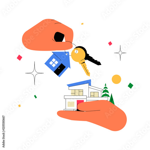 Hands Exchanging House Keys In Flat Vector Illustration Symbolizing Real Estate, Property Exchange, And Homeownership, Isolated On White Background