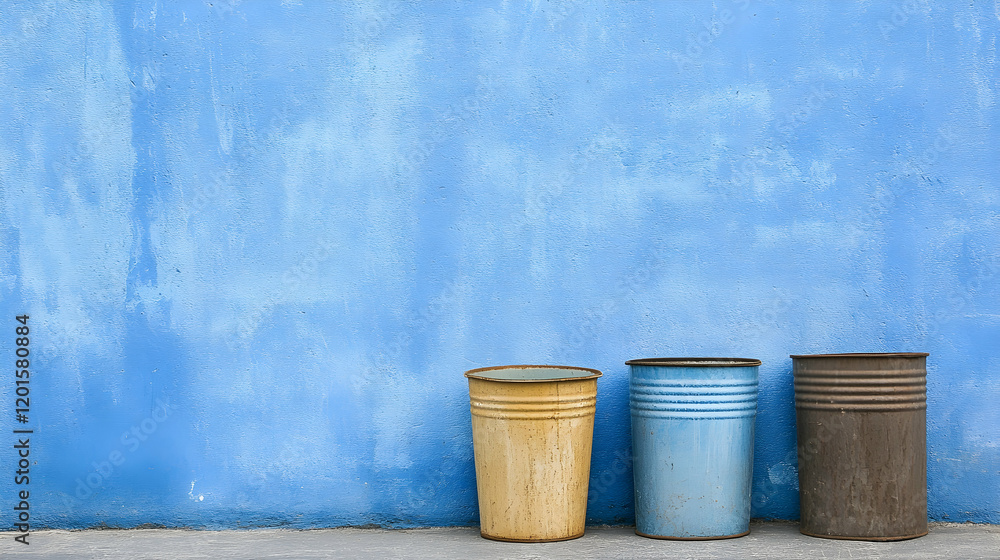 Three rusty metal cans against a blue wall; recycling, urban background; ideal for environmental projects Three rusty metal cans against a blue wall; recycling, urban background; ideal for environmental projects