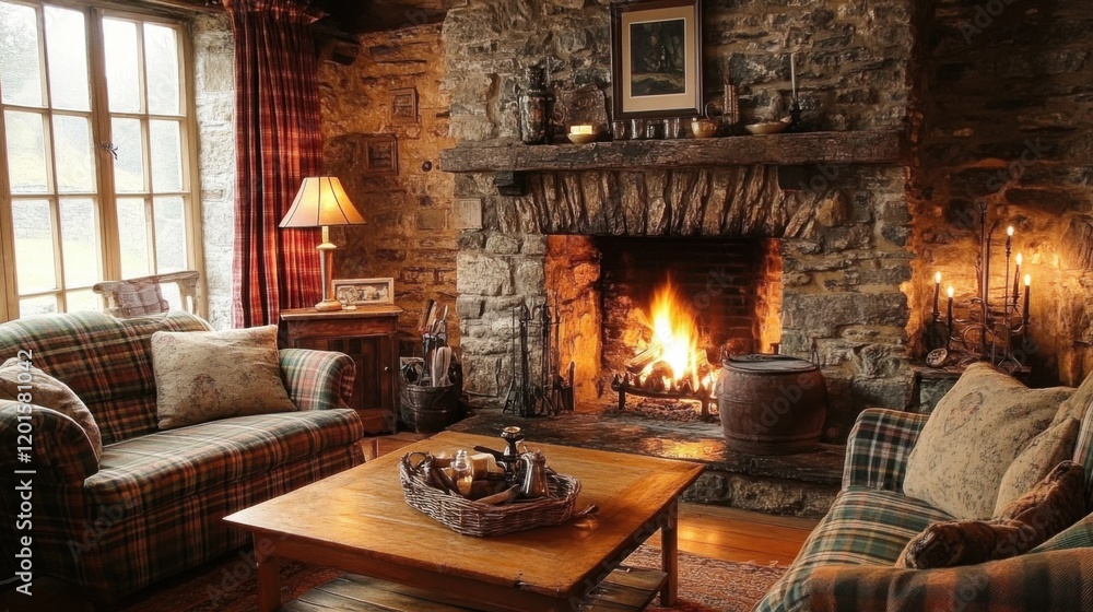 Cozy Rustic Living Room with Stone Fireplace, Comfortable Sofas, and Warm Lighting in a Charming Cabin Setting Cozy Rustic Living Room with Stone Fireplace, Comfortable Sofas, and Warm Lighting in a Charming Cabin Setting