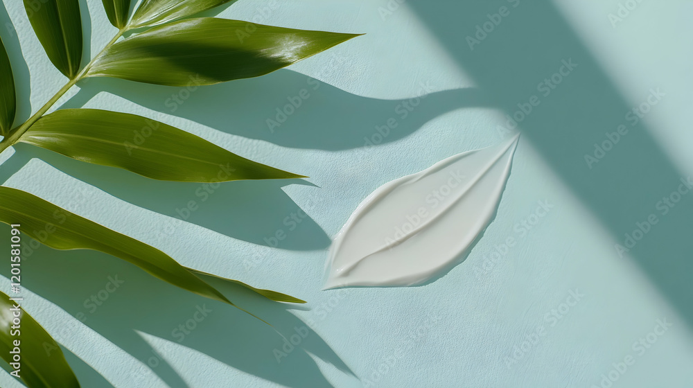 Obraz premium Tropical leaf and cream swatch on pastel blue background, sunlight shadows. Beauty product marketing image