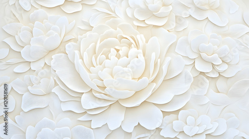 White floral wall art, embossed flowers, textured background, wedding decor, elegant design