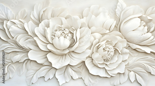 White floral relief wall art, elegant home decor, textured background
