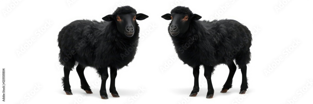 Black sheep standing alone on a white background, symbolizing uniqueness and individuality, nonconformist, cut off, eccentric Black sheep standing alone on a white background, symbolizing uniqueness and individuality, nonconformist, cut off, eccentric