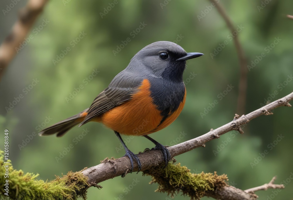 Black redstart perched on a branch in the forest, with blurred background, trees, wildlife Black redstart perched on a branch in the forest, with blurred background, trees, wildlife