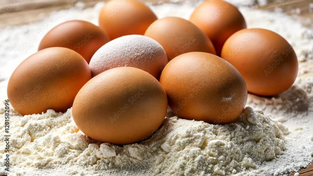 Classic baking concept with brown eggs lying in the flour on wooden table Classic baking concept with brown eggs lying in the flour on wooden table