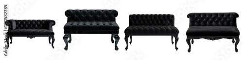 Luxurious black tufted capitone sofa armchair and loveseat furniture set in elegant vintage inspired interior design with classic elements and modern touches for a sophisticated living room space photo