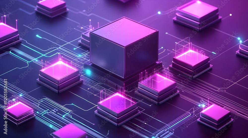 Abstract digital data cube processing, glowing circuit board, technology background Abstract digital data cube processing, glowing circuit board, technology background