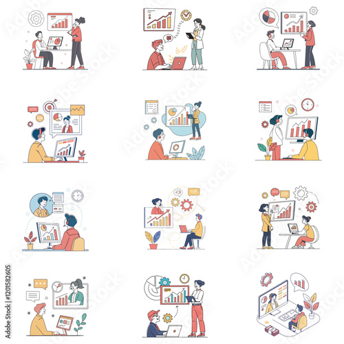 Wallpaper Mural set business flat vector illustration design style concept. for graphic and web page banners. cartoon character design. team online video conference meeting. business planning. finance.  data analytic Torontodigital.ca