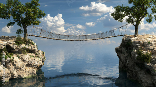 Suspension bridge connecting two rocky shores scenic water view nature photography tranquil environment serene perspective adventure concept