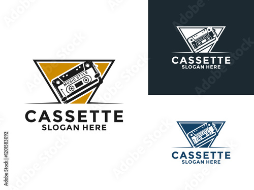 Vintage Cassette tape with triangle logo vector. Cassette old logo design template