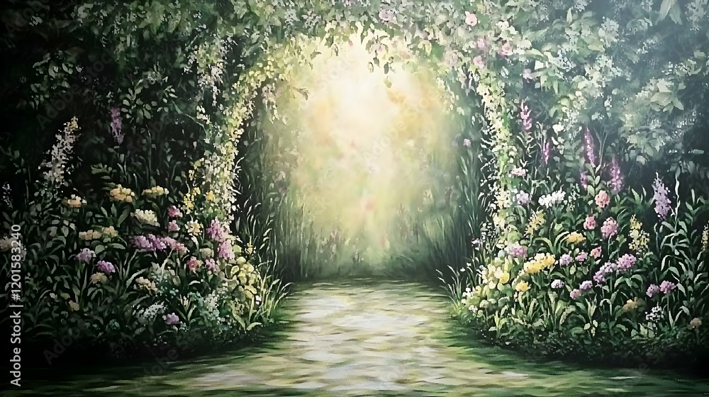 Fototapeta premium Tranquil nature pathway lush forest landscape art serene environment inviting viewpoint beauty of wilderness