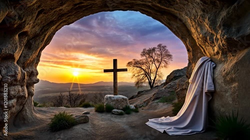Opening view from cave on Serene wooden Cross on rock at sunset, concept of faith, hope, spirituality, Easter concept, the death and resurrection of Jesus Christ
