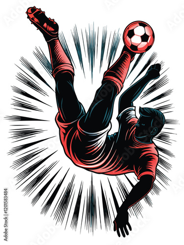 Design a t-shirt featuring a dynamic illustration of a cyclist mid-air performing a bicycle kick, showcasing the athlete's power and agility.
