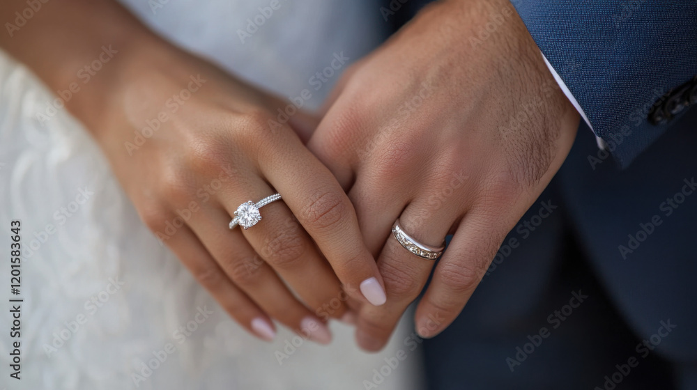 Romantic Close-Up of a Bride and Groom Holding Hands, Showcasing Elegant Wedding Rings on a Beautifully Crafted and Textured Background in Soft Lighting Romantic Close-Up of a Bride and Groom Holding Hands, Showcasing Elegant Wedding Rings on a Beautifully Crafted and Textured Background in Soft Lighting