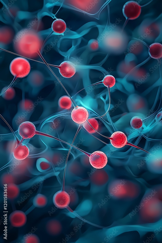 Abstract Concept of Molecular Structures in Blue and Red