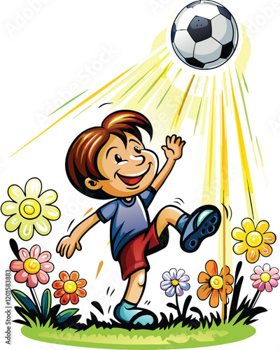 A playful vector illustration of a young child kicking a soccer ball, full of energy and joy.