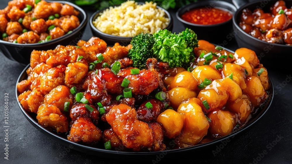 Sweet and sour chicken, orange chicken, and broccoli with rice. Food photography for restaurant menu Sweet and sour chicken, orange chicken, and broccoli with rice. Food photography for restaurant menu