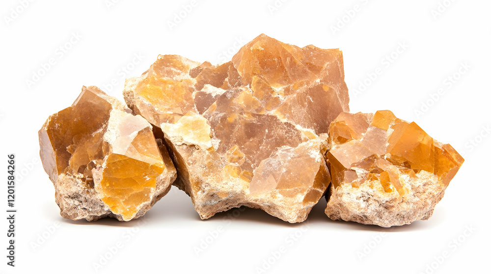 Amber calcite crystals cluster on white background, geology sample, science education Amber calcite crystals cluster on white background, geology sample, science education