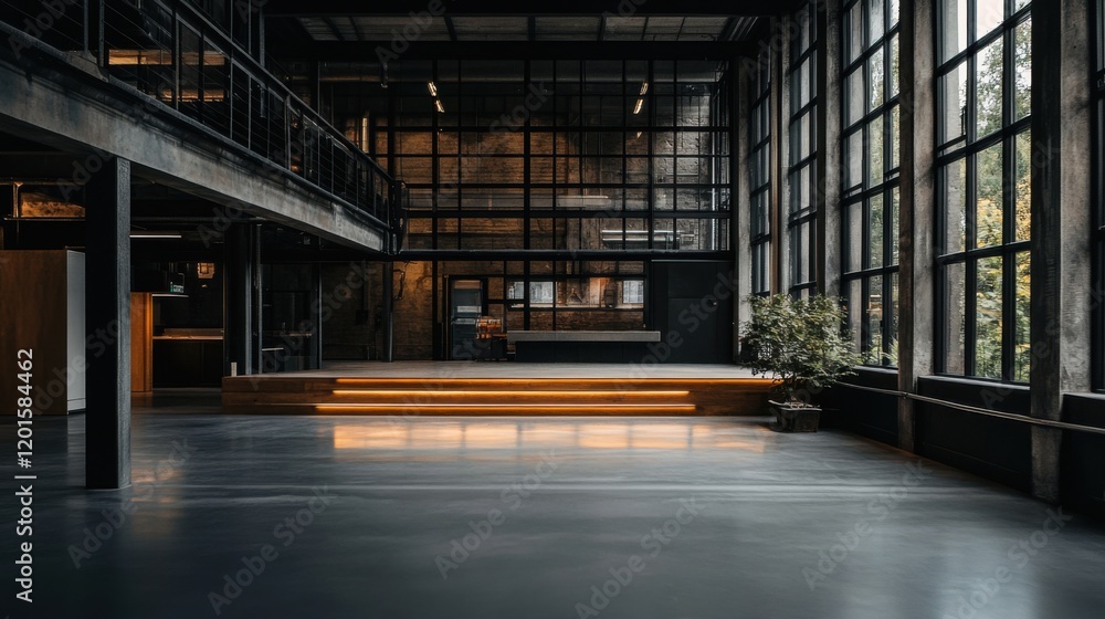 Fototapeta premium Modern Industrial Space with Large Windows and Minimalist Design, Featuring Warm Lighting, Concrete Floors, and Stylish Plant Decor, Perfect for Creative Collaboration