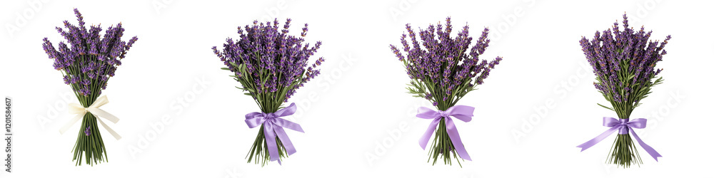 Naklejka premium Vibrant and fragrant purple lavender flower bouquets tied with delicate ribbons showcasing the beauty and elegance of these aromatic blossoms