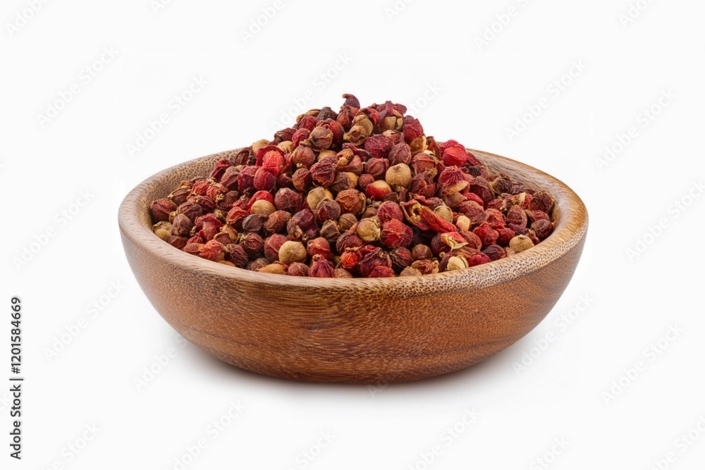 Sichuan pepper in a white bowl set against a white background. Sichuan pepper is a member of the sansho family used in Chinese cooking. Sichuan pepper in a white bowl set against a white background. Sichuan pepper is a member of the sansho family used in Chinese cooking.