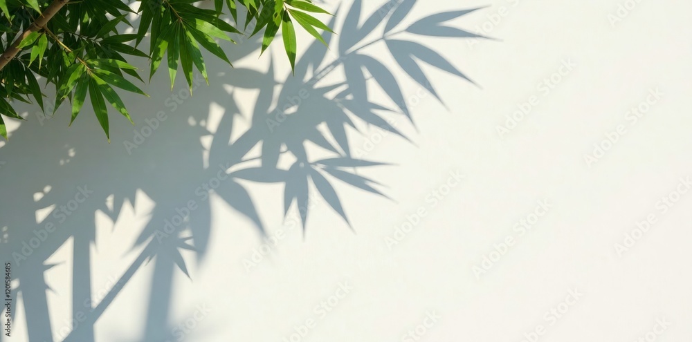 Graceful bamboo leaves casting delicate shadows on a bright, minimalist background. Graceful bamboo leaves casting delicate shadows on a bright, minimalist background.