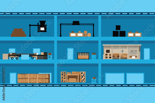 A detailed cross-section of a bustling factory interior showcasing various industrial processes, machinery, and workers.
