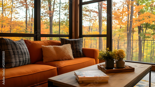 Autumnal living room with forest view, cozy decor, fall foliage background. Ideal for home decor websites