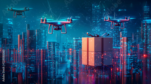 Drone delivery action urban cityscape digital artwork futuristic environment aerial view technology innovation