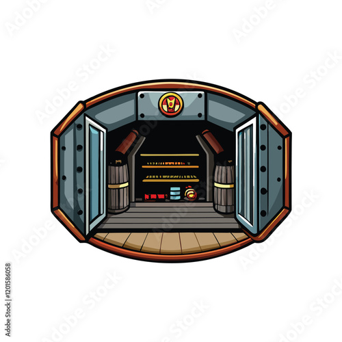 A realistic depiction of a missile silo inside a concrete bunker, with a large metal door leading down to the missile launch system.