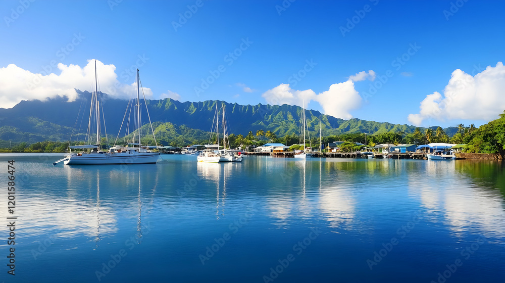 Calm bay with yachts, mountains, and village; tropical island paradise; travel brochure Calm bay with yachts, mountains, and village; tropical island paradise; travel brochure