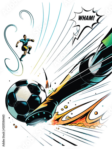 Design a comic book style soccer action scene with a dramatic goal celebration.