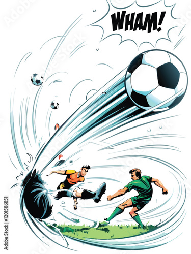Design a comic book style soccer action scene with a dynamic pose, vibrant colors, and dramatic lighting.